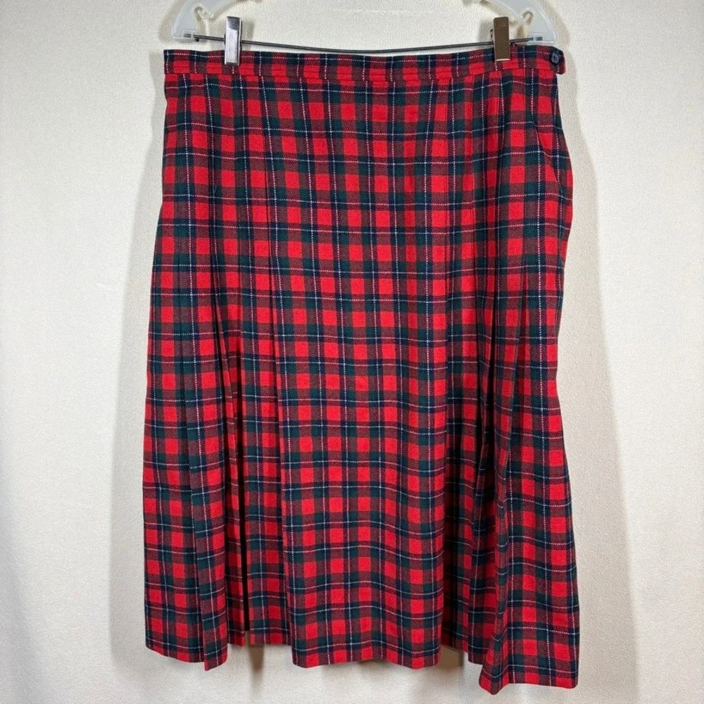 Vtg Pendleton Red Tartan Plaid Pleat Wool Skirt Sz 34‎ Holiday Festive Preppy